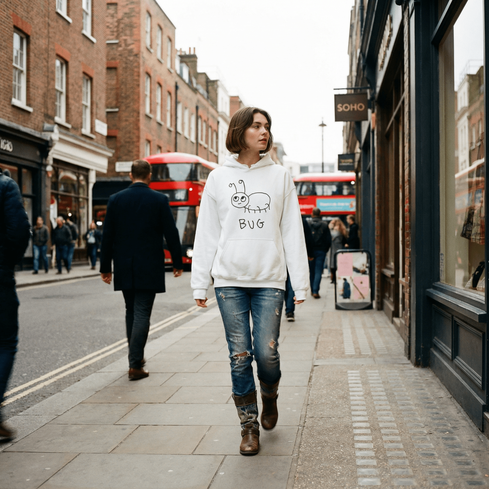 Woman walking a London street wearing a lo-fi Bug Hoodie