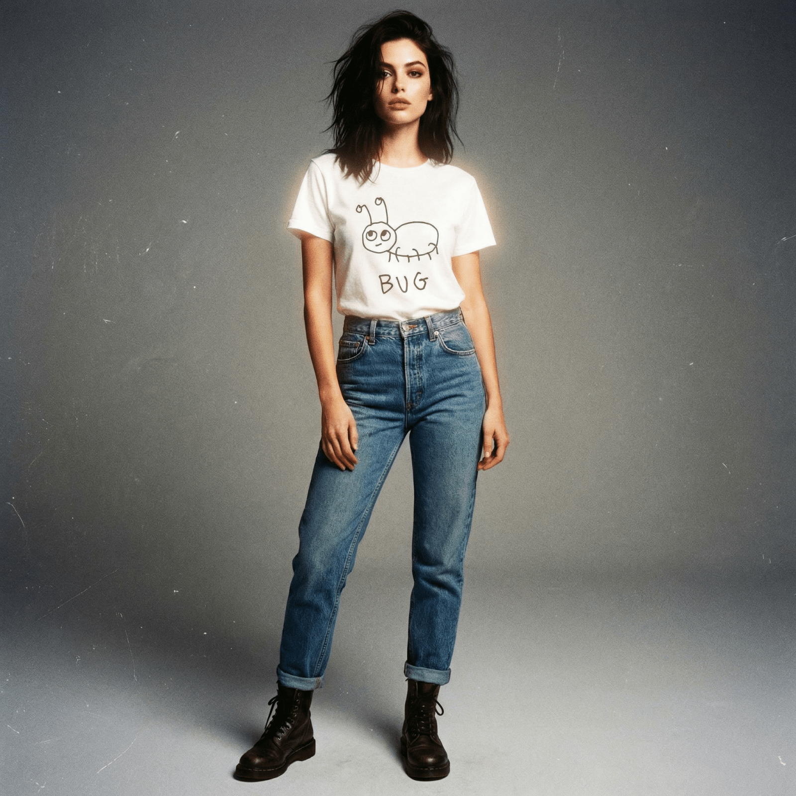 Studio portrait of a woman wearing a lo-fi Bug V-Neck T-Shirt