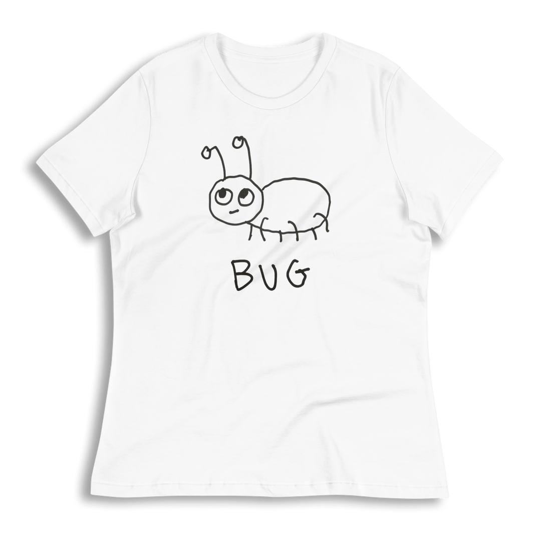lo-fi Bug Women's Relaxed T-Shirt — hand-drawn bug graphic on a white relaxed-fit tee