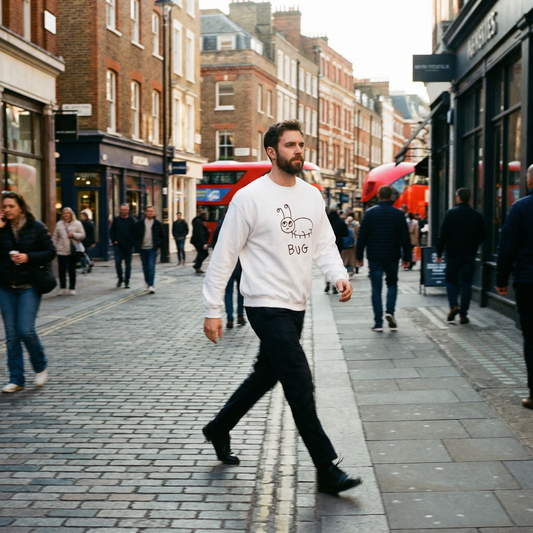 Person in a white crewneck sweatshirt with hand drawn bug graphic, walking down a bustling Soho London street, unbothered