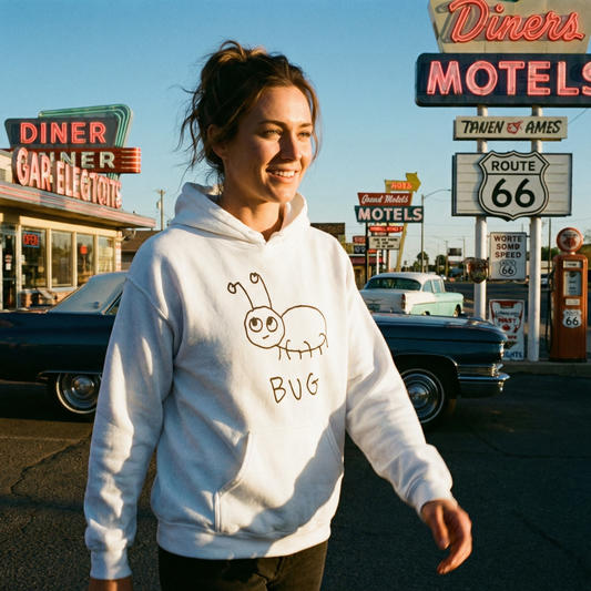 Woman wearing a white hoodie with a quirky minimalist lofi BUG drawing and text. 