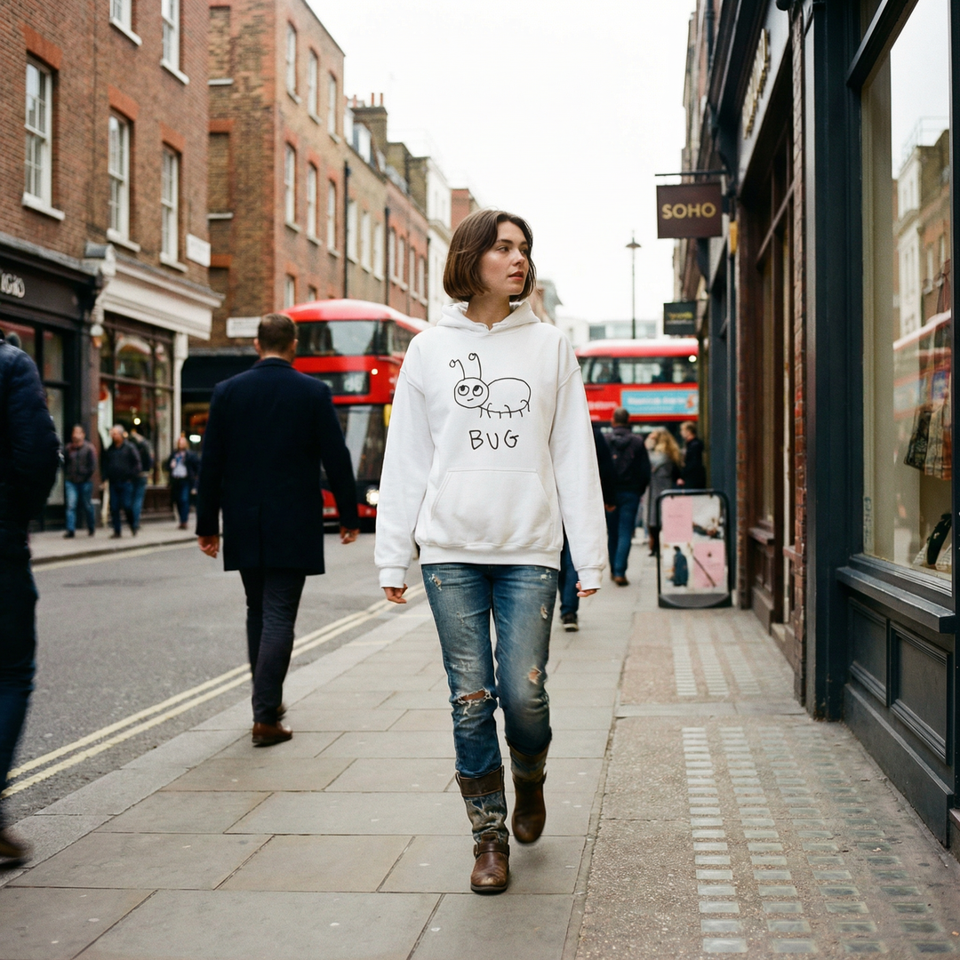 Woman wearing a white hoodie with a quirky minimalist lofi BUG drawing and text. 