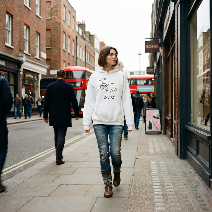 Woman wearing a white hoodie with a quirky minimalist lofi BUG drawing and text. 