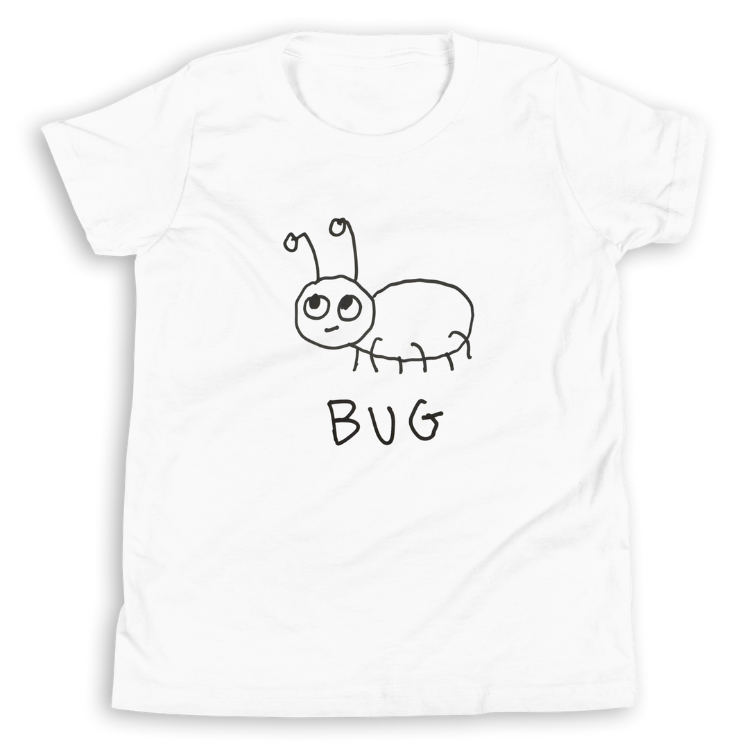 White Kids t-shirt with a simple hand drawn bug graphic and 'BUG' text on a white background