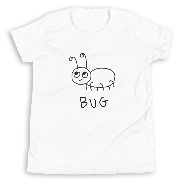 White Kids t-shirt with a simple hand drawn bug graphic and &