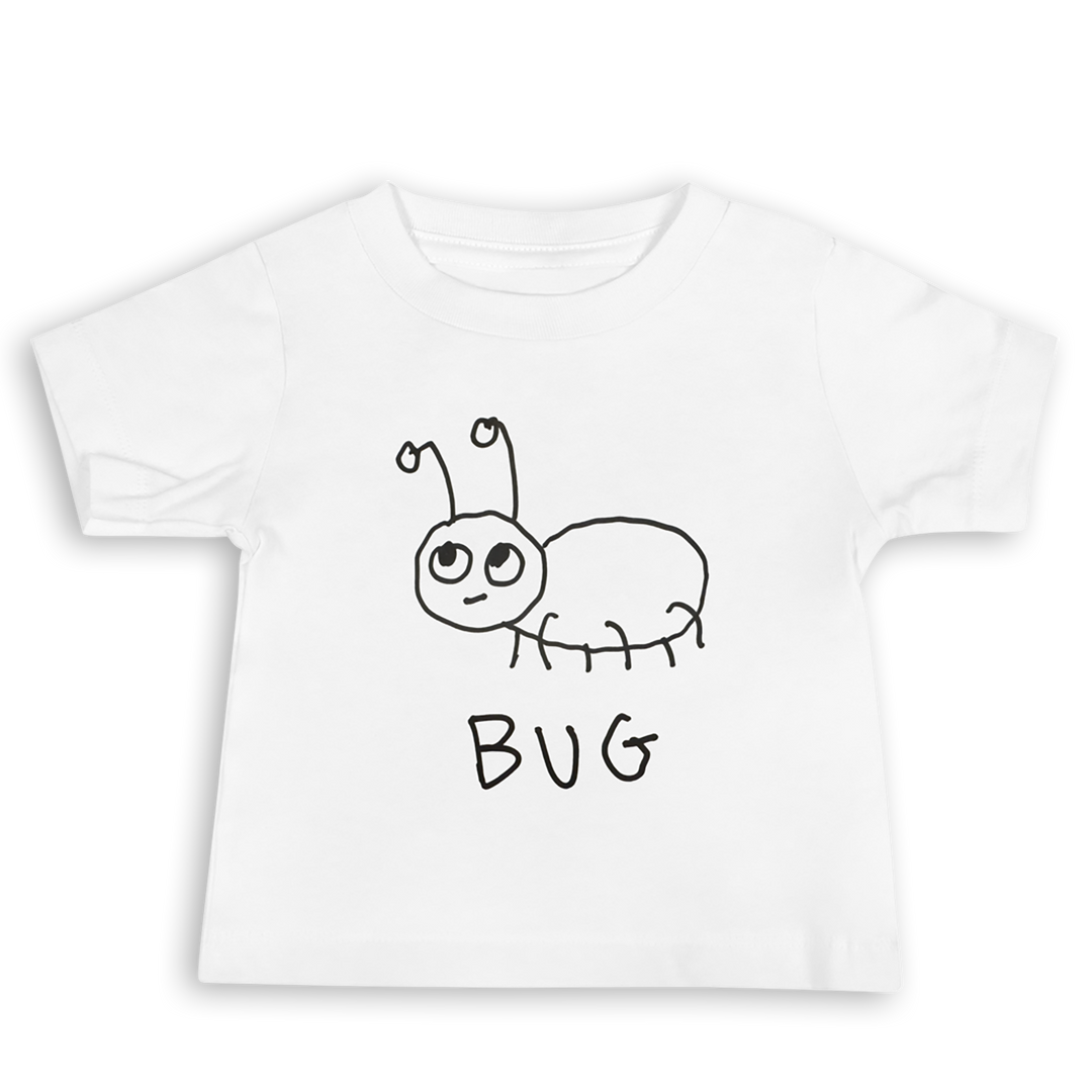 White Baby  t-shirt with a hand drawn  caterpillar graphic and 'BUG' text on a white background