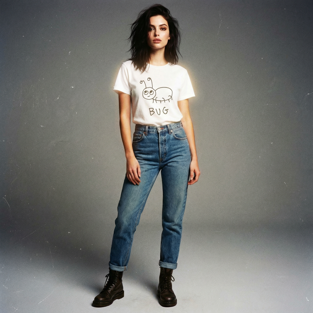 Woman  in 90s style photo shoot studio, wearing a white lofi BUG graphic t-shirt with a graphic and text, blue jeans, and dark boots on a gray background