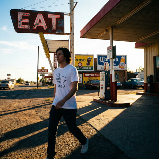 Man wearing a lofi bug v-neck t-shirt walking past a gas station with vintage signs and a 'Eat' sign