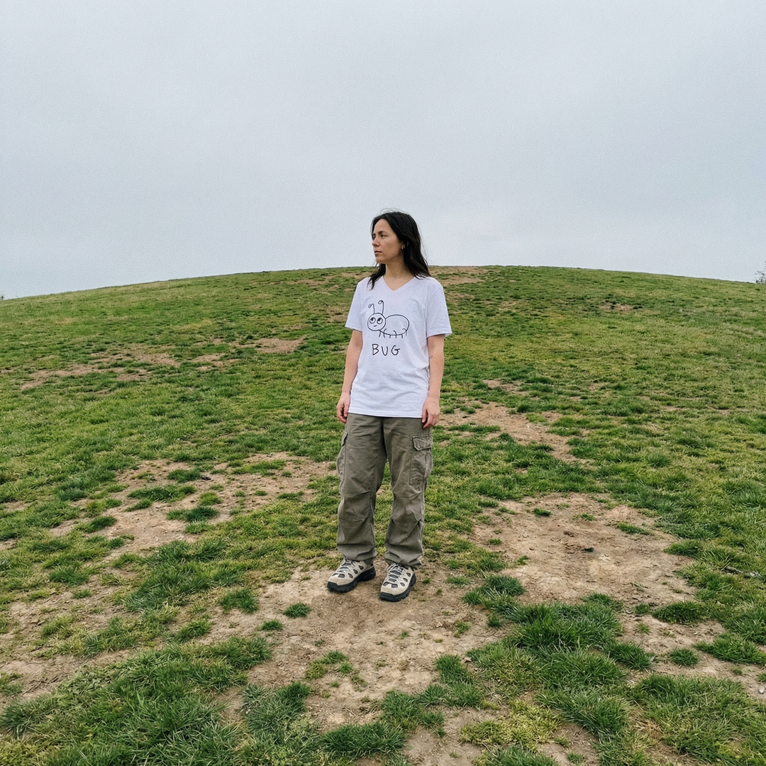 Model in lofi bug graphic v-neck tee standing in a grassy field looking off to her side in the distance.