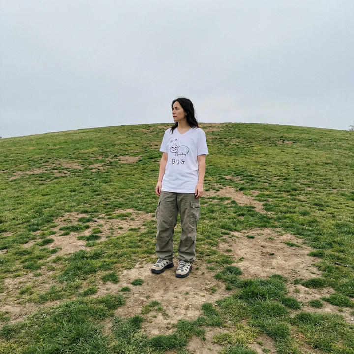 Model in lofi bug graphic v-neck tee standing in a grassy field looking off to her side in the distance.