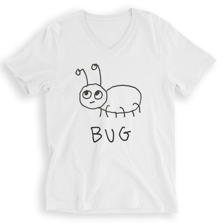 white v-neck t-shirt with lo-fi hand-drawn bug graphic and "BUG text on a white background