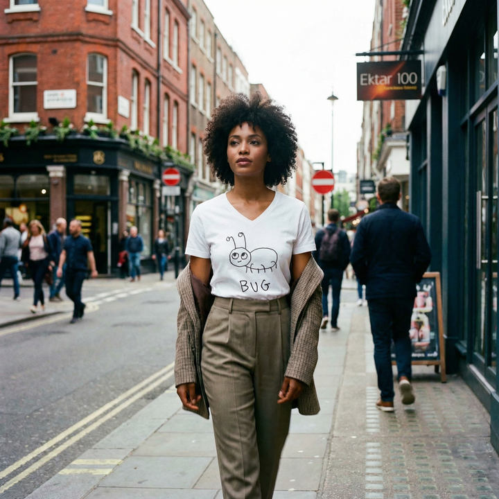Model in lofi  bug graphic v-neck tee strolling by a Soho shop windows on a quiet London side street