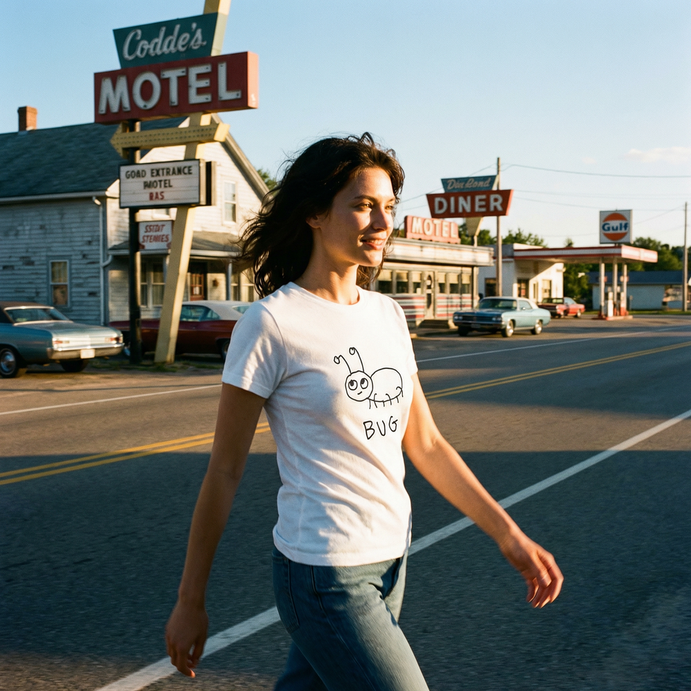 Bug women's tee in Americana setting – quirky animal graphic tee