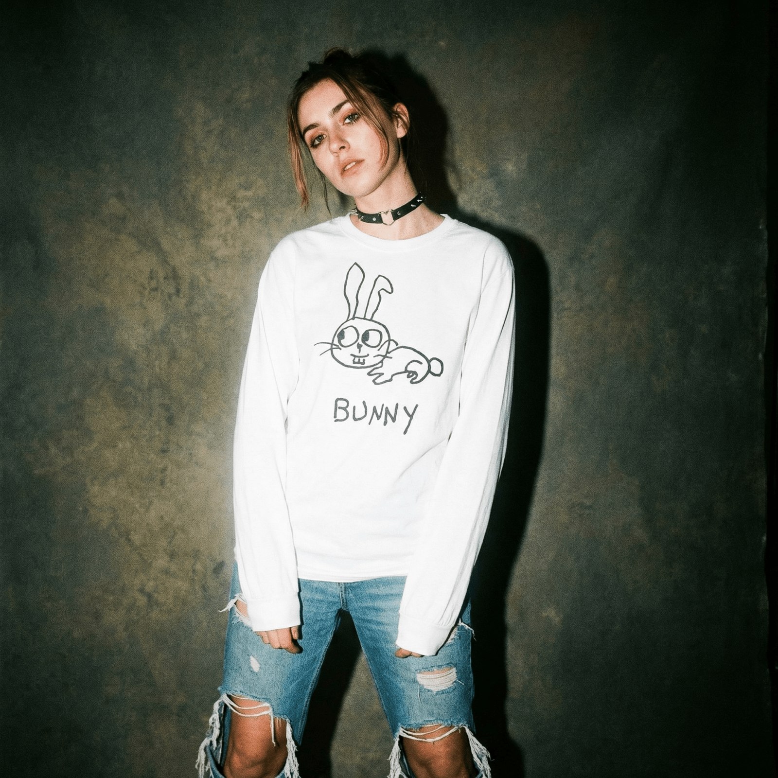 lo-fi Bunny Long Sleeve Tee — hand-drawn bunny graphic on a white long-sleeve t-shirt