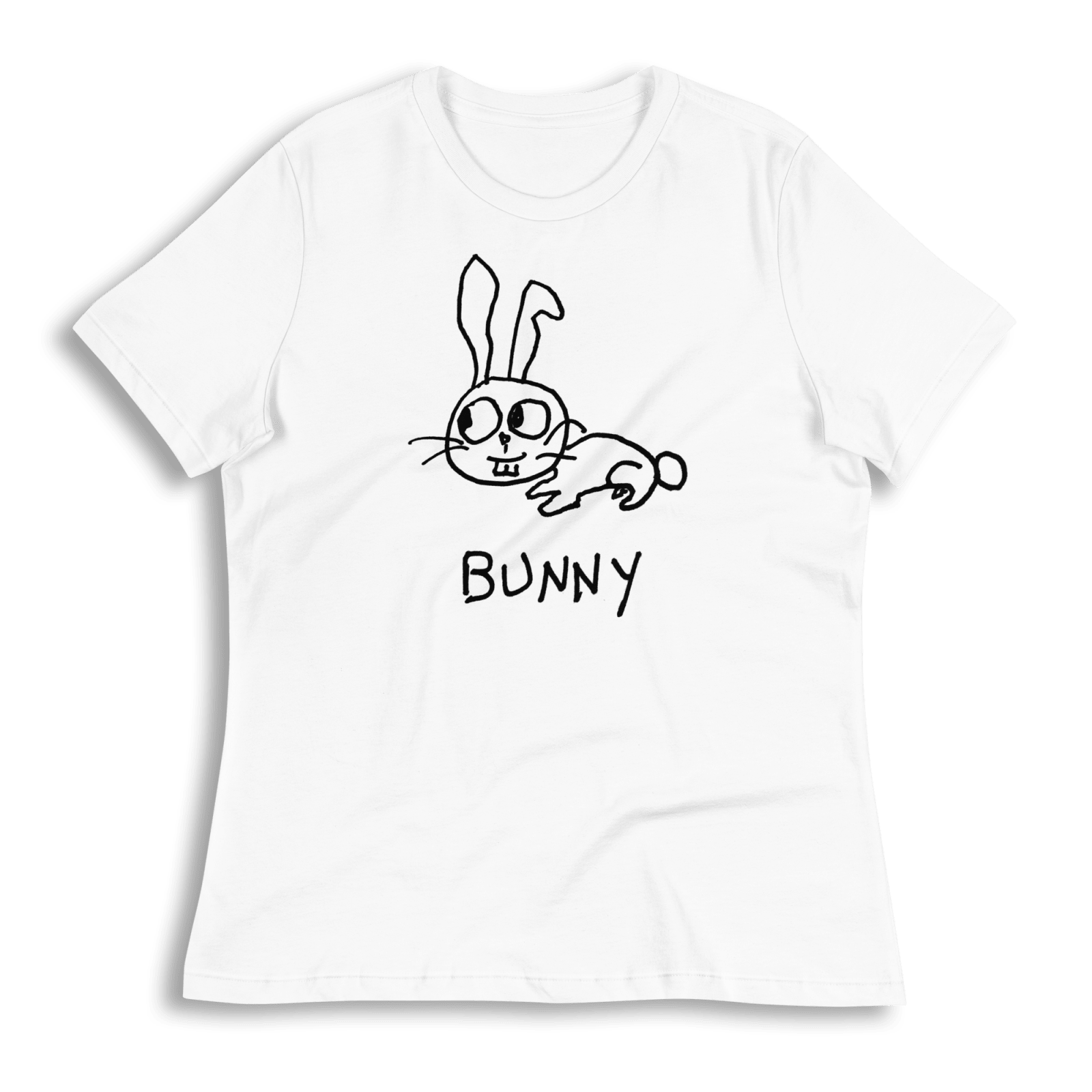 lo-fi Bunny Women's Relaxed T-Shirt — hand-drawn bunny graphic on a white relaxed-fit tee