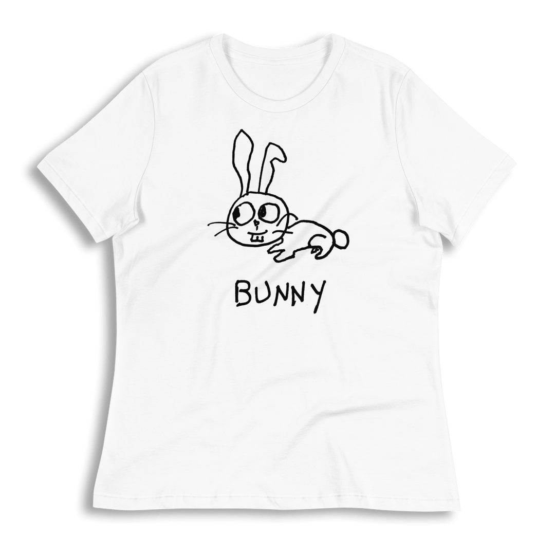 lo-fi Bunny Women's Relaxed T-Shirt — hand-drawn bunny graphic on a white relaxed-fit tee