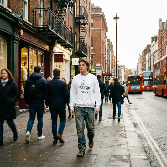 Person in a crewneck sweatshirt with a hand drawn bunny graphic and text,  hopping between Soho storefronts, soft morning light
