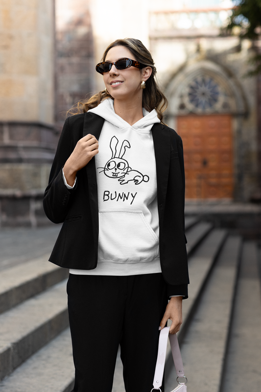 Bunny graphic hoodie worn on by woman on Paris city street – lofi animal streetwear