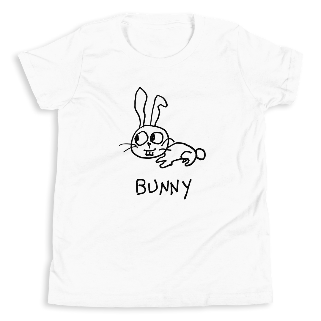 White kids t-shirt with a simple hand drawn graphic of a bunny and the word 'Bunny' on a white background