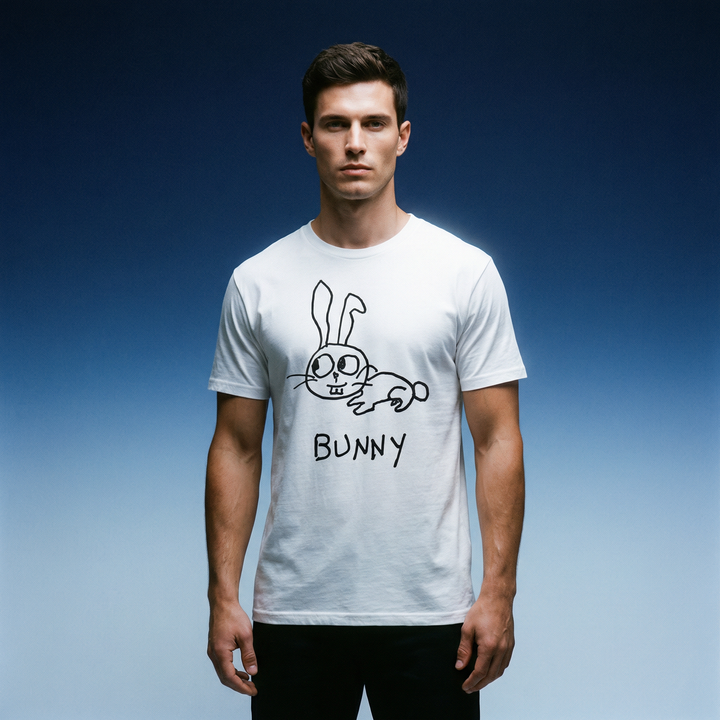 Bunny classic tee – minimalist studio shot on blue gradient background – LoFi Animal Shirts