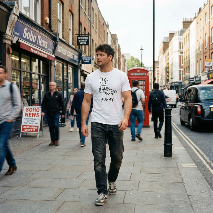Bunny graphic tee worn on city street – lofi animal shirt streetwear style