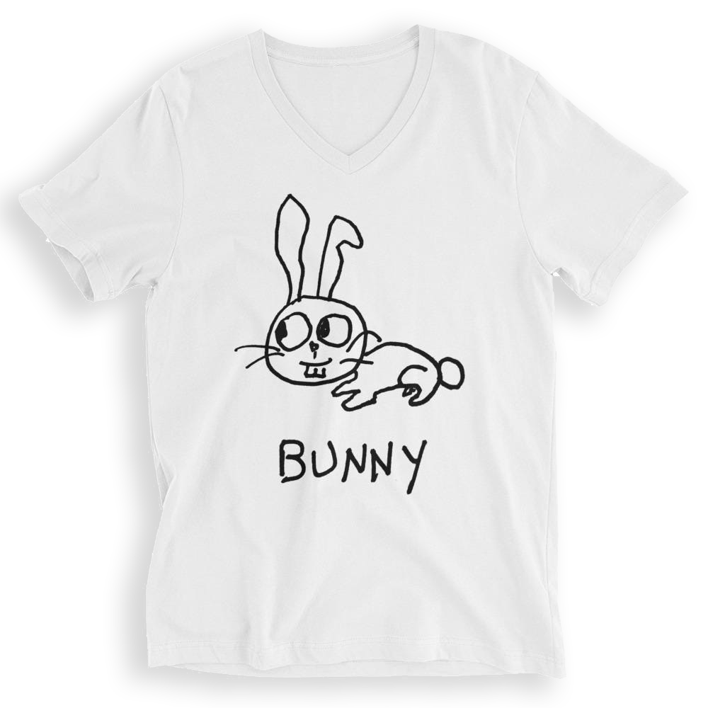 White v-neck t-shirt with a lo-fi hand-drawn graphic of a bunny and the word 'Bunny' on a white background