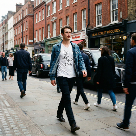 Model in lofi bunny graphic v-neck tee waking down across a Soho sidewalk on a bright London morning
