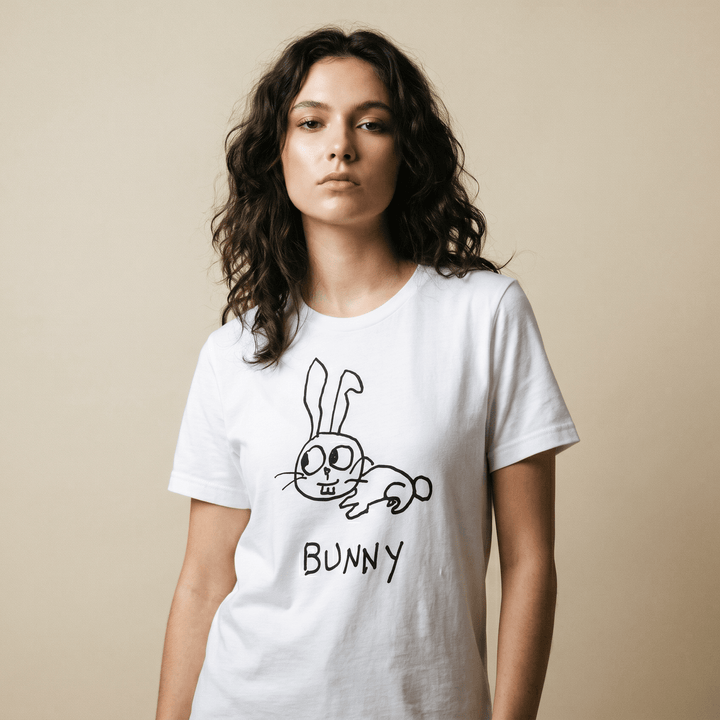 Woman in a minimalist studio portrait wearing a lo-fi Bunny Women&