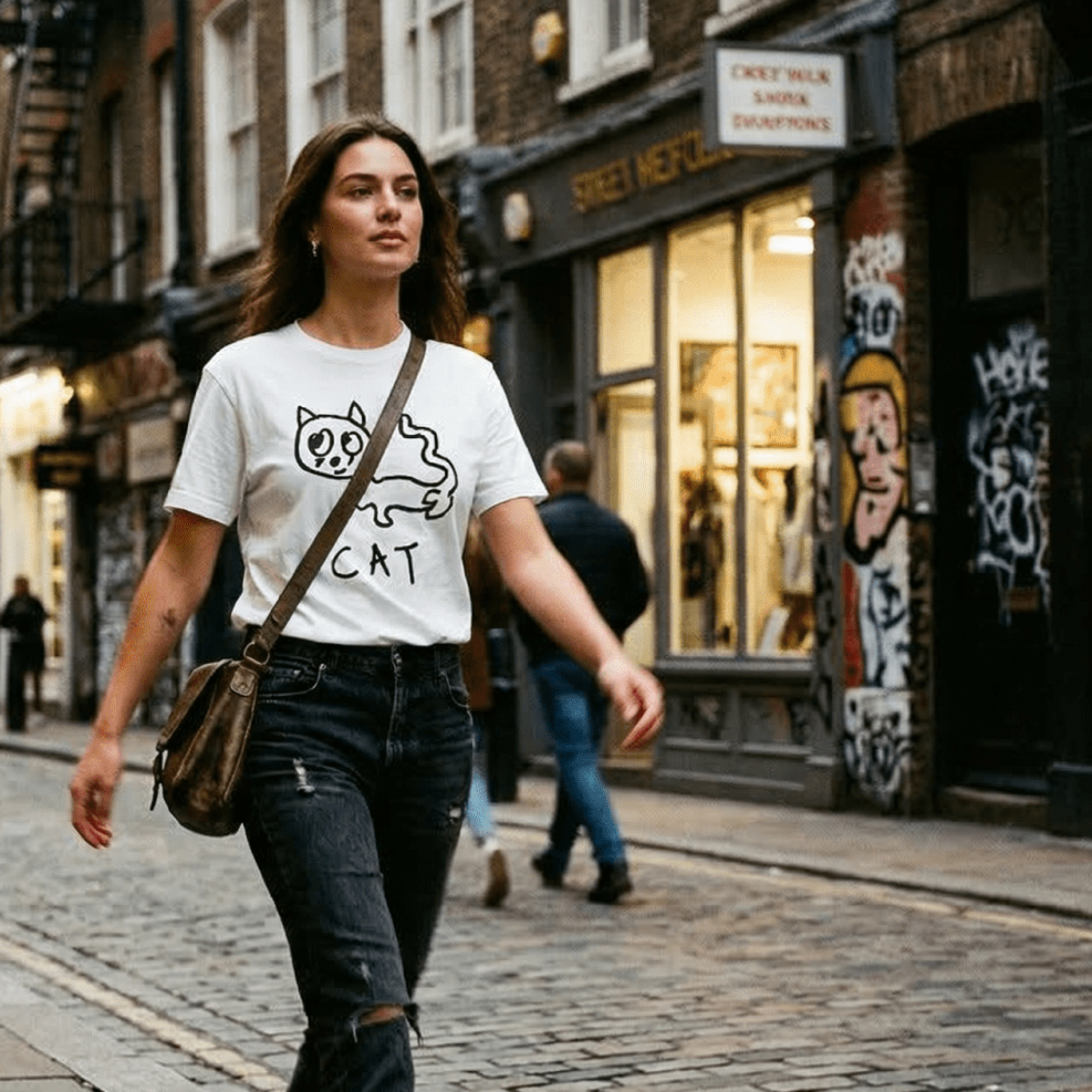 Woman walking a Soho street wearing a lo-fi Cat Classic Tee