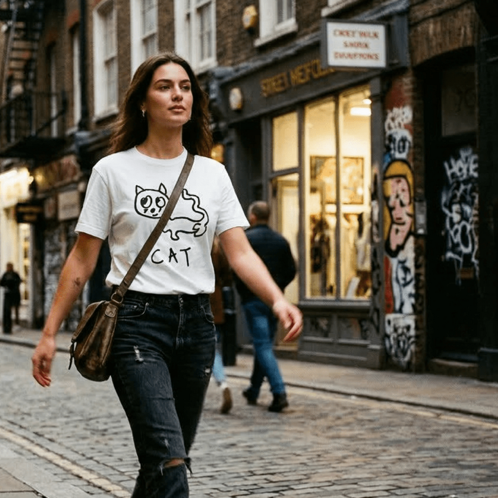 Woman walking a Soho street wearing a lo-fi Cat Classic Tee