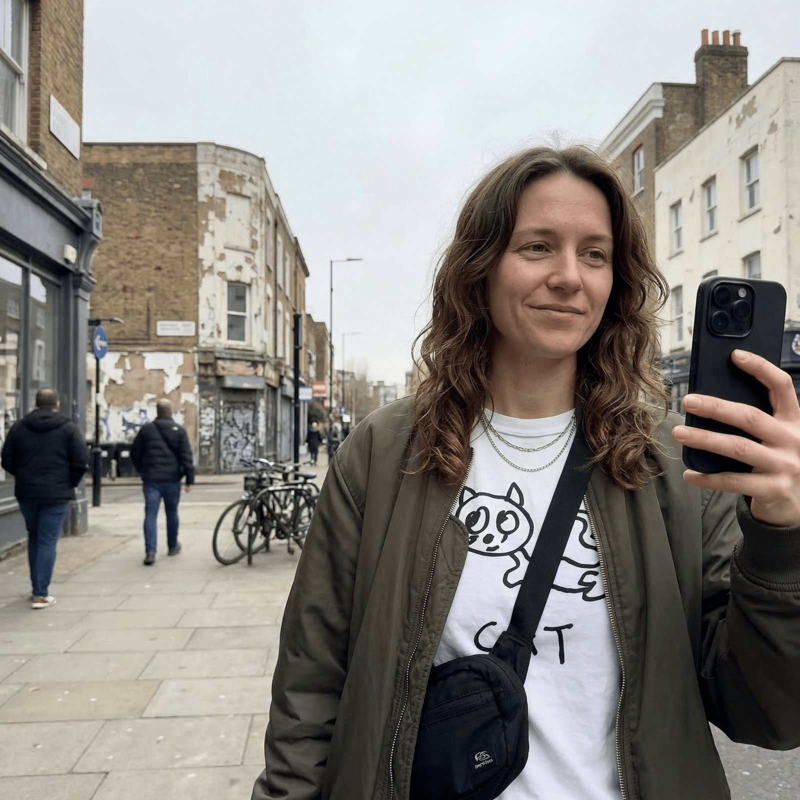 Woman taking a selfie on a city street wearing a lo-fi Cat Classic Tee
