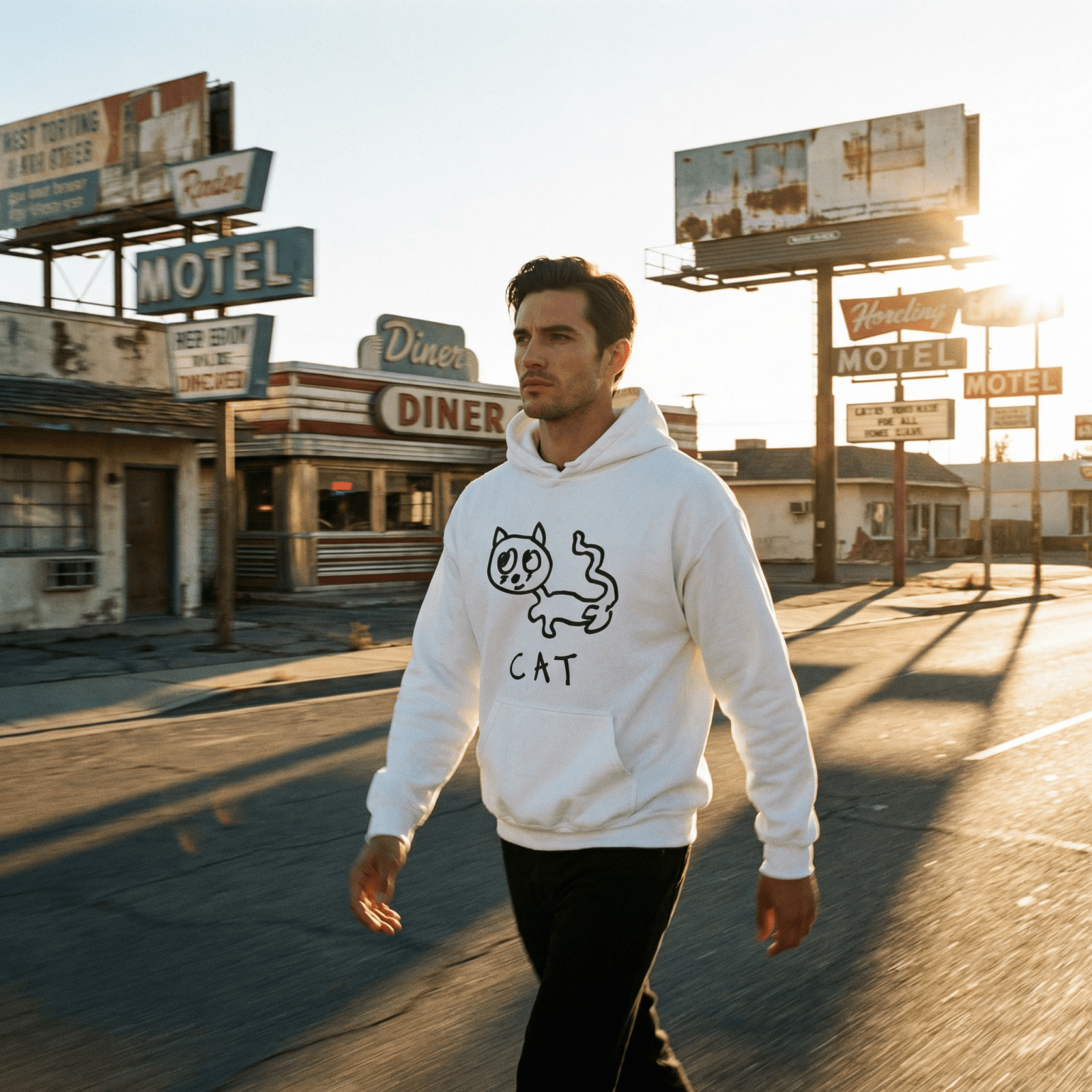 Man walking a sunlit small-town street wearing a lo-fi Cat Hoodie