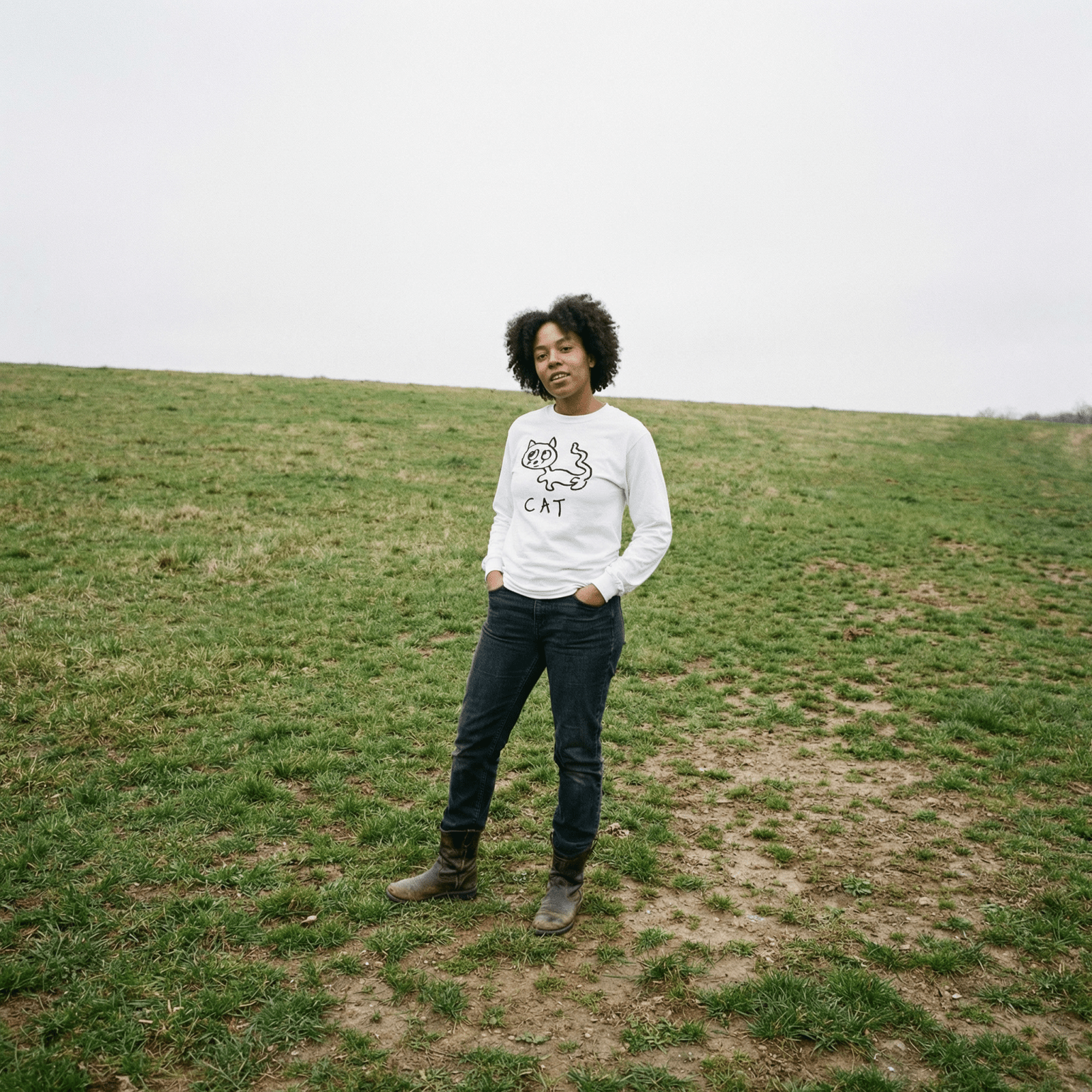 lo-fi Cat Long Sleeve Tee — hand-drawn cat graphic on a white long-sleeve t-shirt