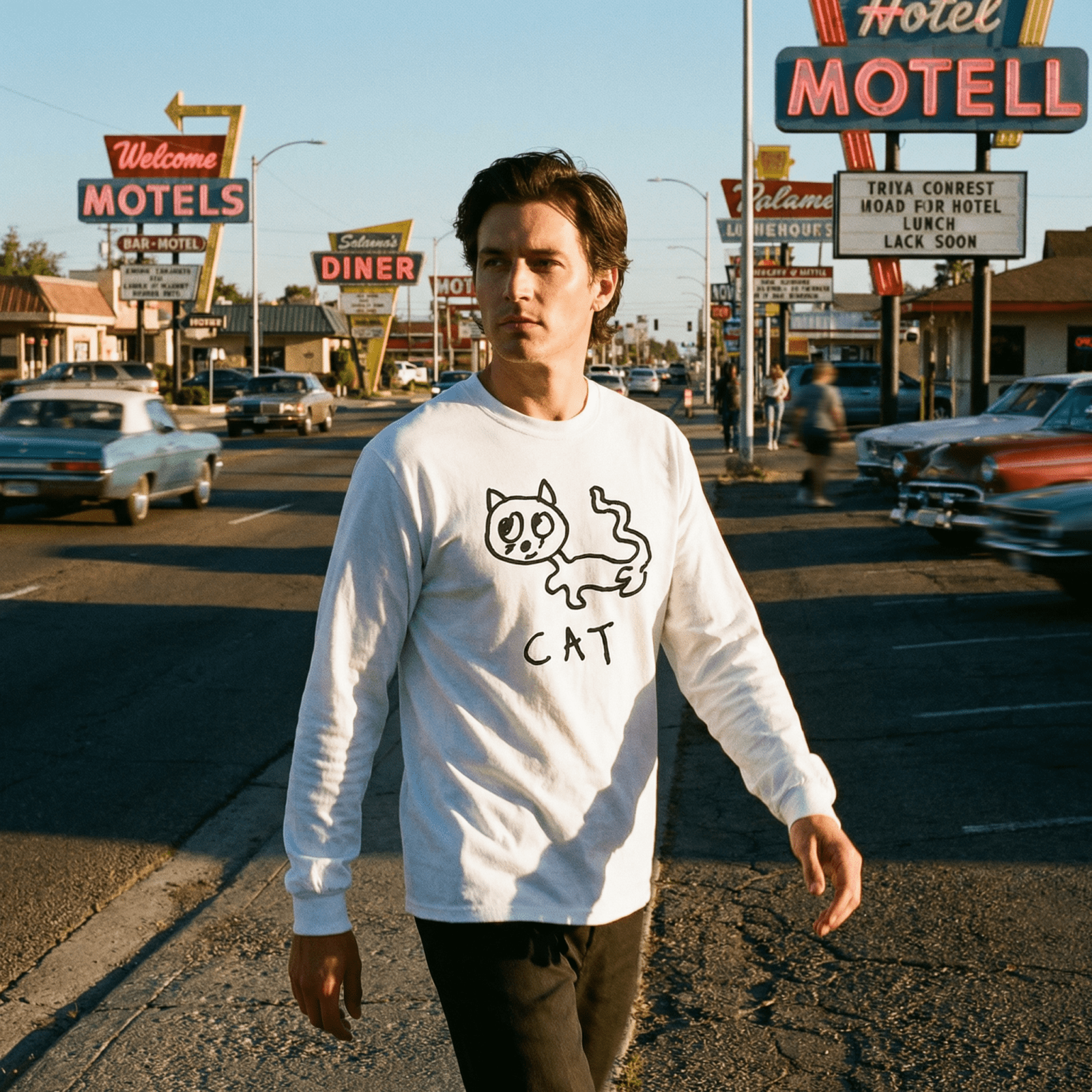 lo-fi Cat Long Sleeve Tee — hand-drawn cat graphic on a white long-sleeve t-shirt