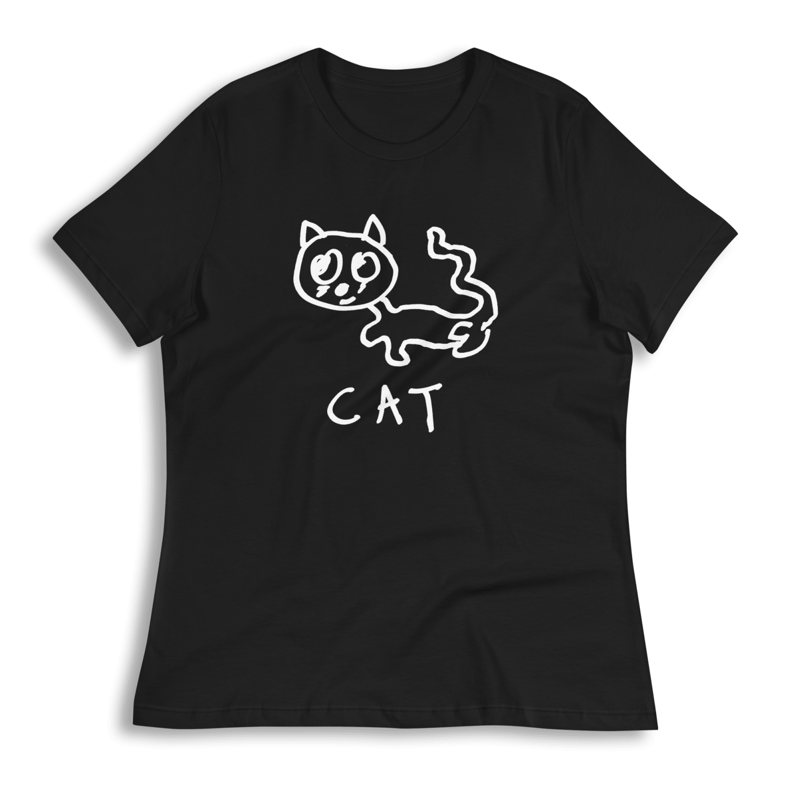 lo-fi Cat Women's Relaxed T-Shirt — hand-drawn cat graphic on a white relaxed-fit tee