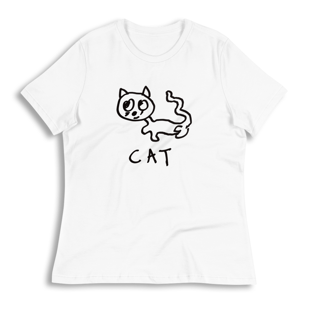 lo-fi Cat Women's Relaxed T-Shirt — hand-drawn cat graphic on a white relaxed-fit tee