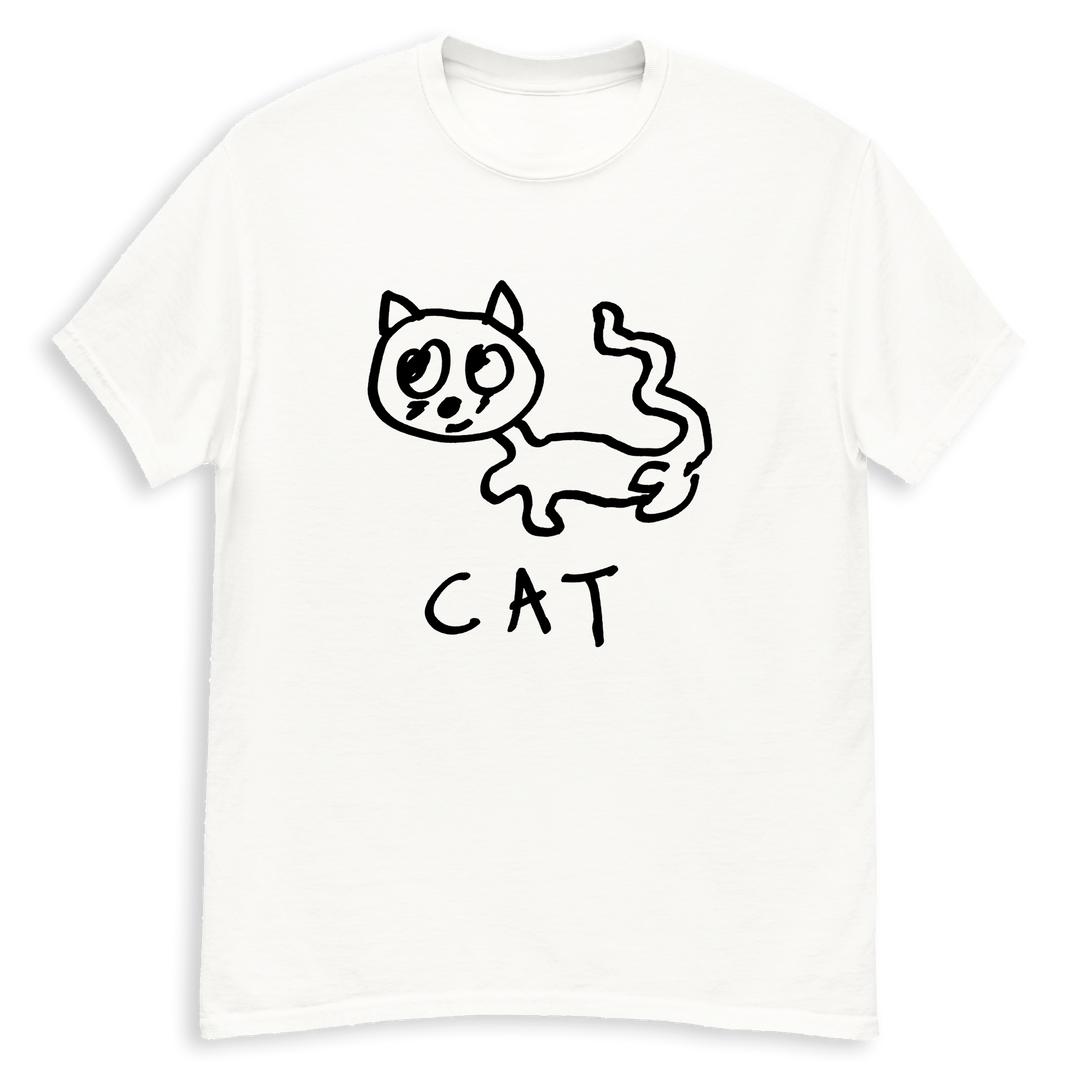 White t-shirt with a lo-fi hand drawn cat illustration and 'CAT' text on a white background