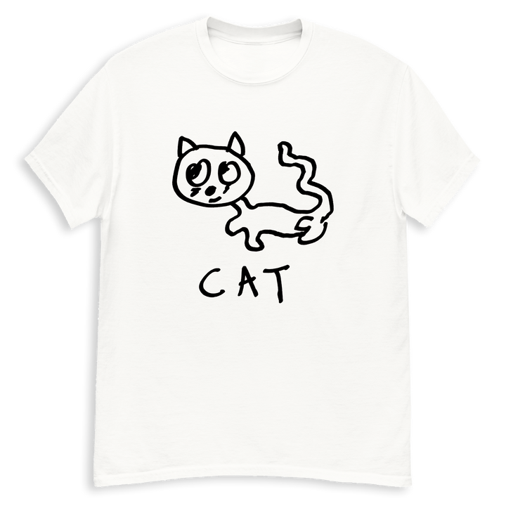 White t-shirt with a lo-fi hand drawn cat illustration and &