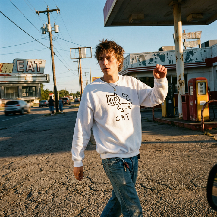 Model in a lofi cat graphic crewneck sweatshirt walking past a run down but charmingly retro Americana gas station.