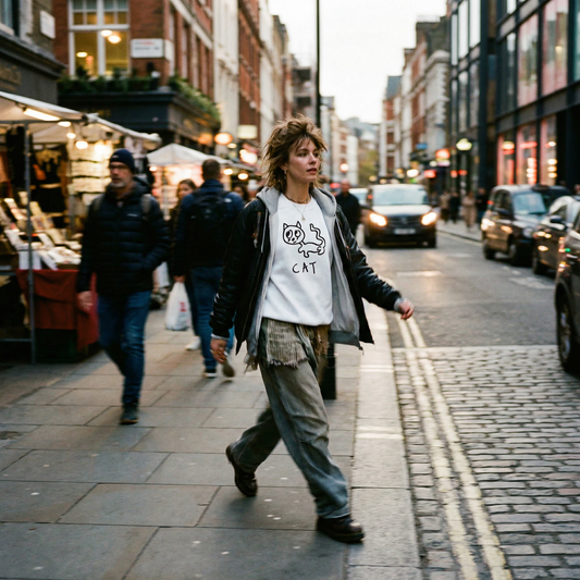 Person in a cat sweatshirt crossing the street outside a Soho market, grey London morning