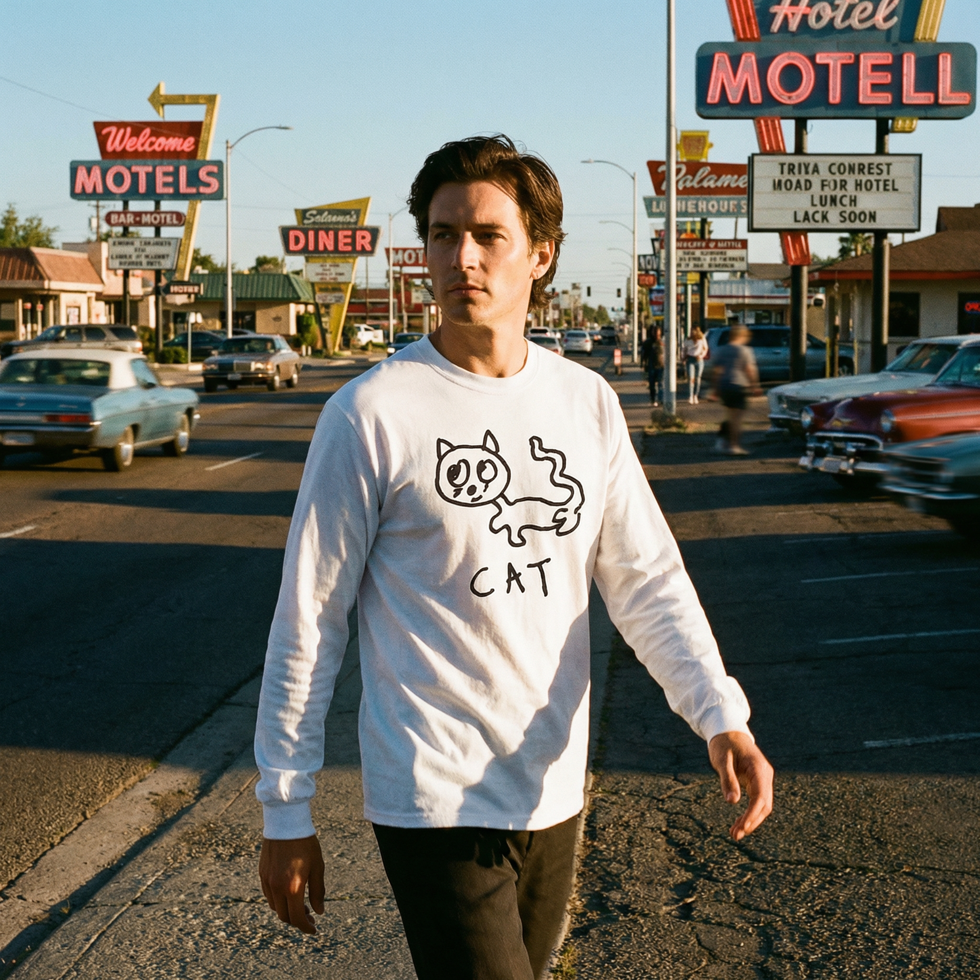 Model in a cat long sleeve tee on the porch of a weathered wooden farmhouse