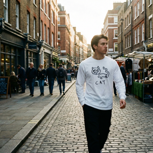 Person wearing a cat graphic long sleeve on a quiet cobblestone lane in Soho, London