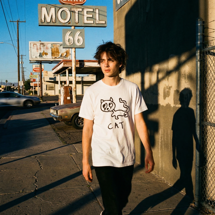 Cat classic tee in Americana setting – quirky animal graphic tee