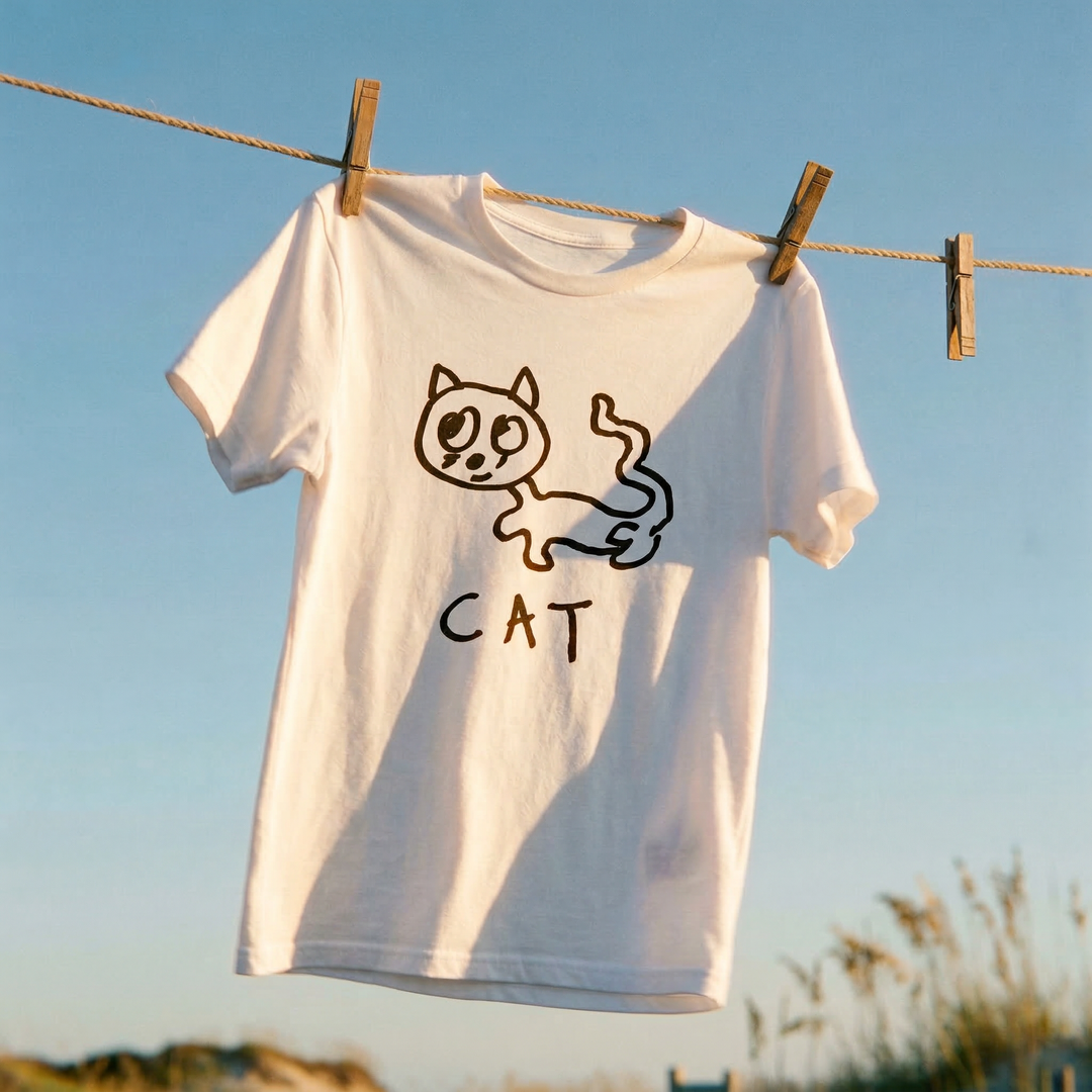 White t-shirt with a black cat illustration and &