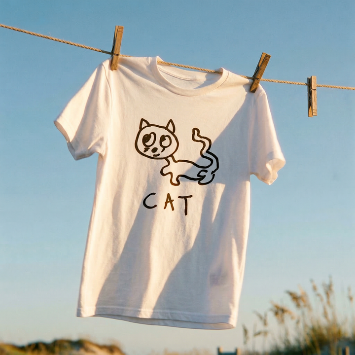White t-shirt with a black cat illustration and &
