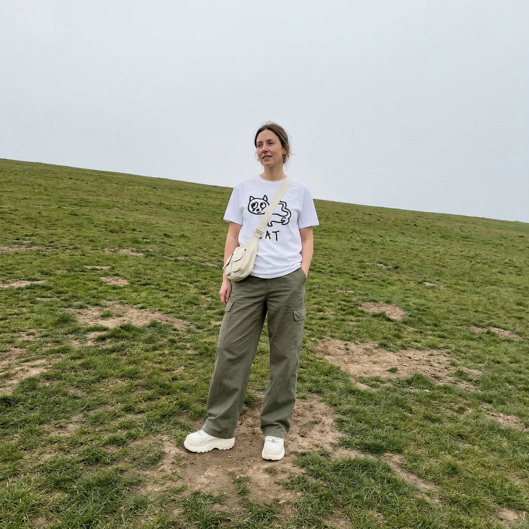 Cat shirt worn outdoors – minimalist lofi cat tee in natural setting