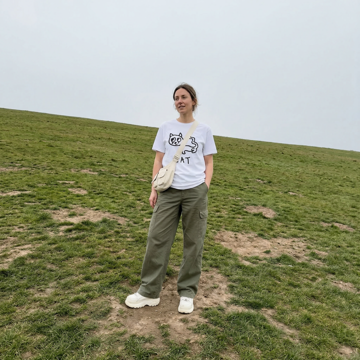 Cat shirt worn outdoors – minimalist lofi cat tee in natural setting