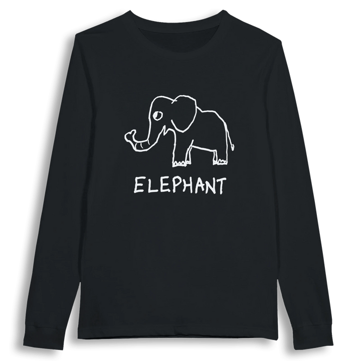lo-fi Elephant Long Sleeve Tee — hand-drawn elephant graphic on a white long-sleeve t-shirt