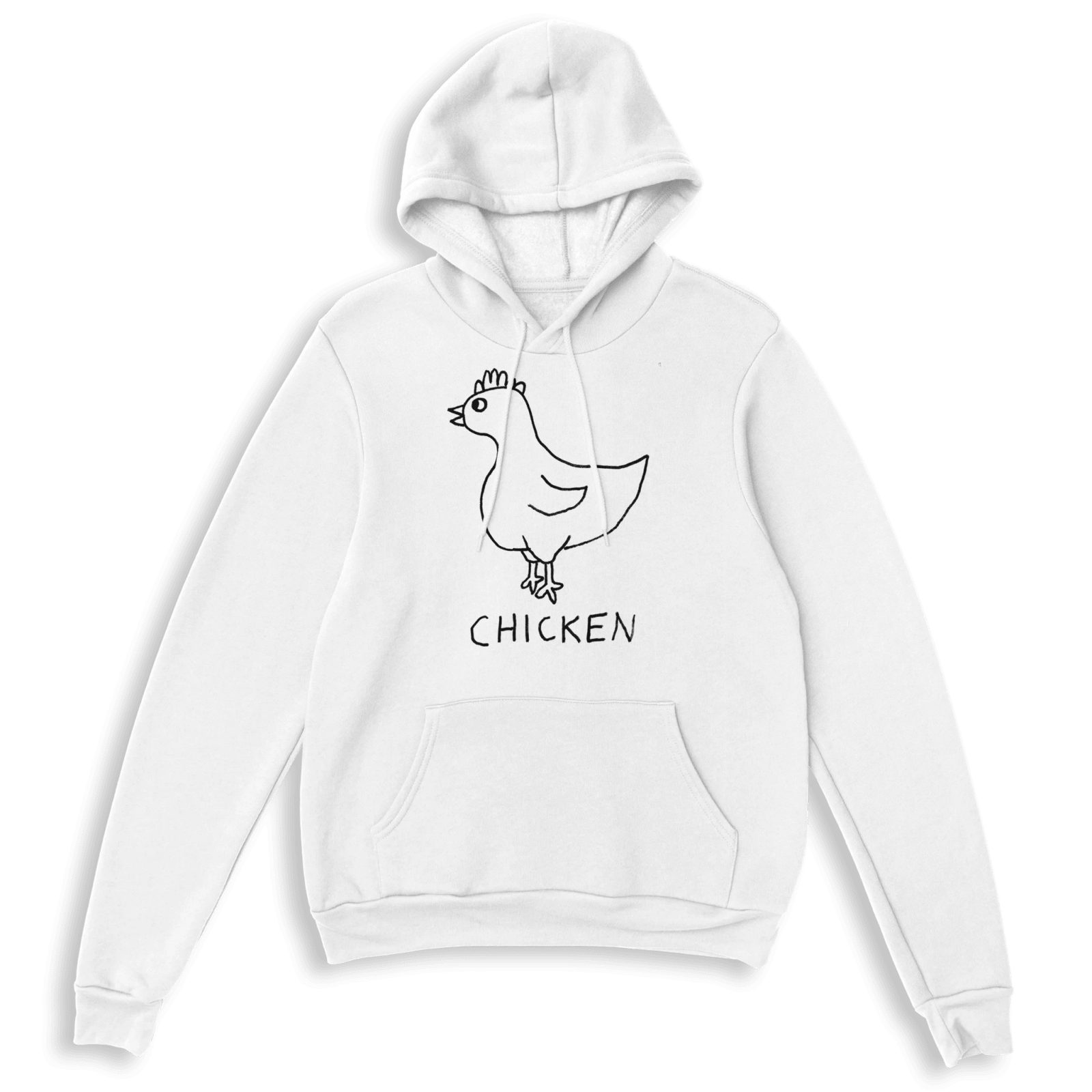 lo-fi Chicken Hoodie — hand-drawn chicken graphic on a white Hoodie flat lay
