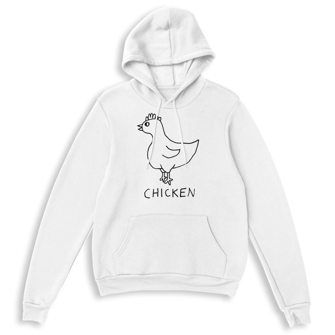 lo-fi Chicken Hoodie — hand-drawn chicken graphic on a white Hoodie flat lay